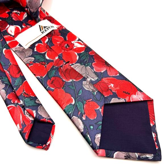 Ketch Metal Clip-on Necktie- 17.5" Long x 3.5" Wide Red Blue Floral Print Tie - Picture 6 of 6